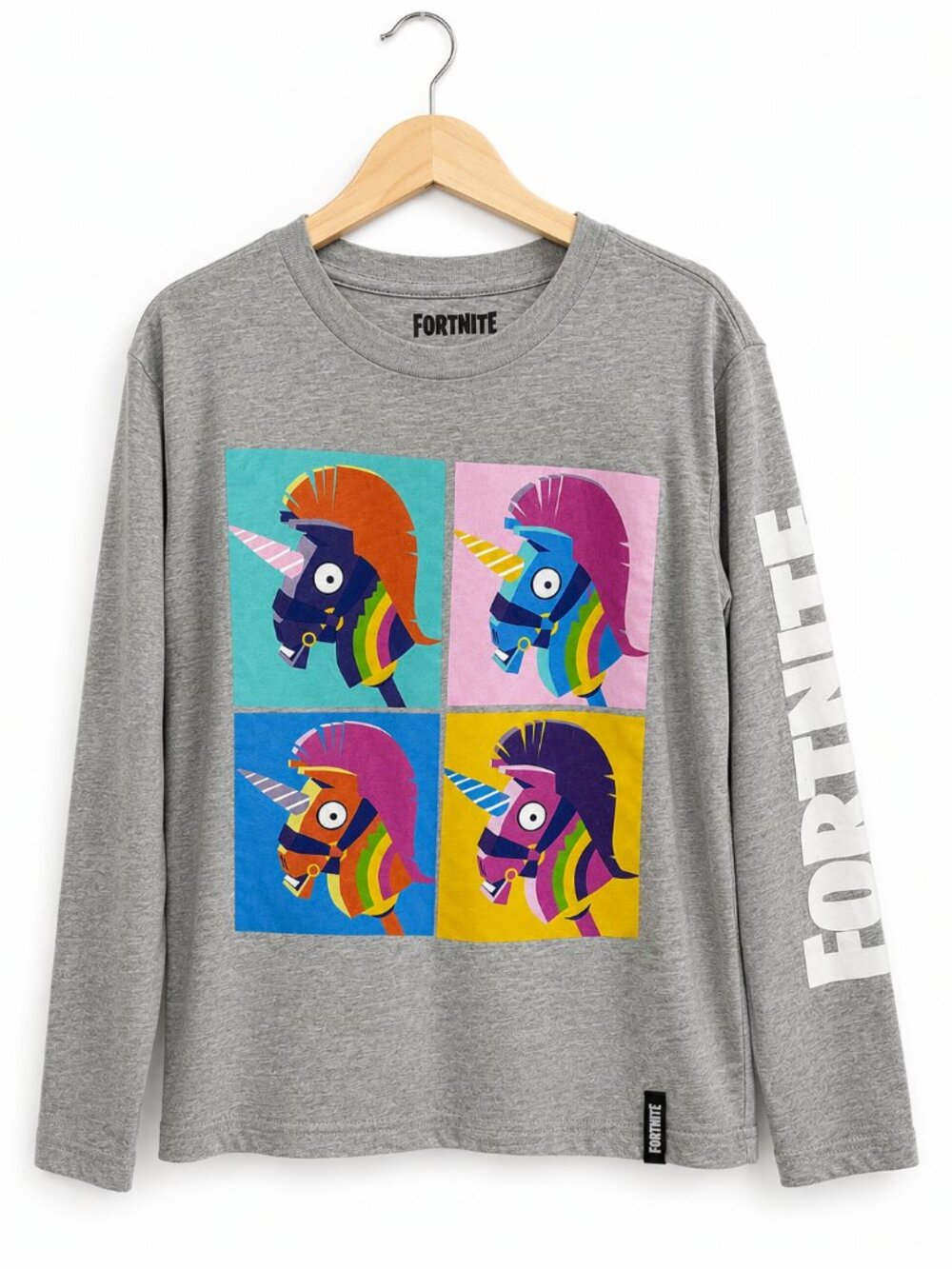Fortnite Kids Heather Gray Long Sleeve Pop Art Llama Unicorn Graphic Tee Size 8